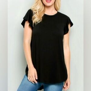 ACTING PRO Black Ruffle Flutter Sleeve Tunic Top Mini Dress w Round Hem Tee